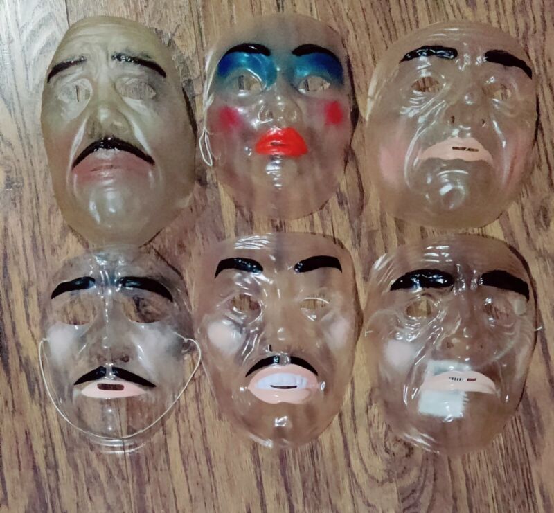 6 Vintage Halloween Transparent Clear Face Masks Decor Man Smiling Woman