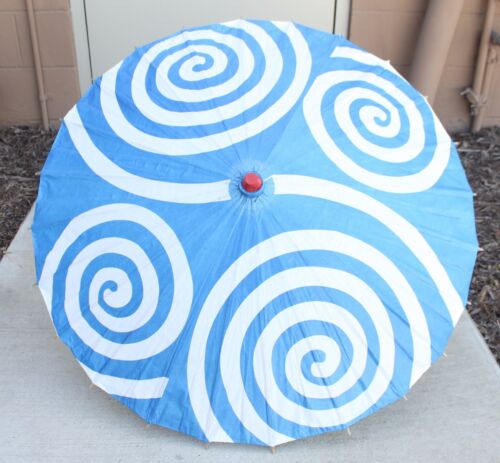 32" Paper Parasol Sky Blue Spiral Pattern Japanese Style Umbrella w/ Wood Handle