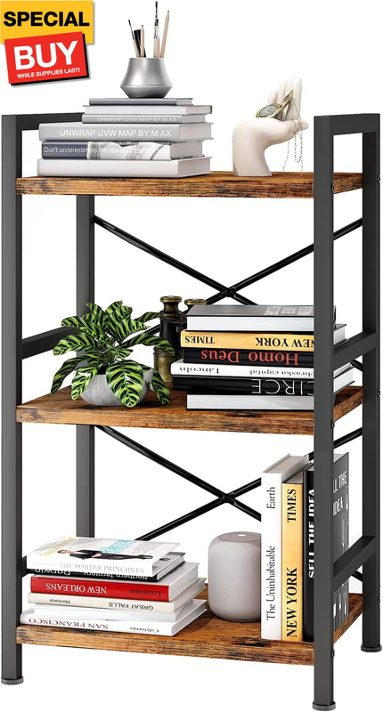 Bookshelf, 3 Tier Industrial Bookcase, Metal Small Bookcase, Rustic Etagere