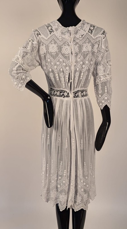 EDWARDIAN WHITE TEA DRESS W DENSE GEOMETRIC + FLORAL EMBROIDERY