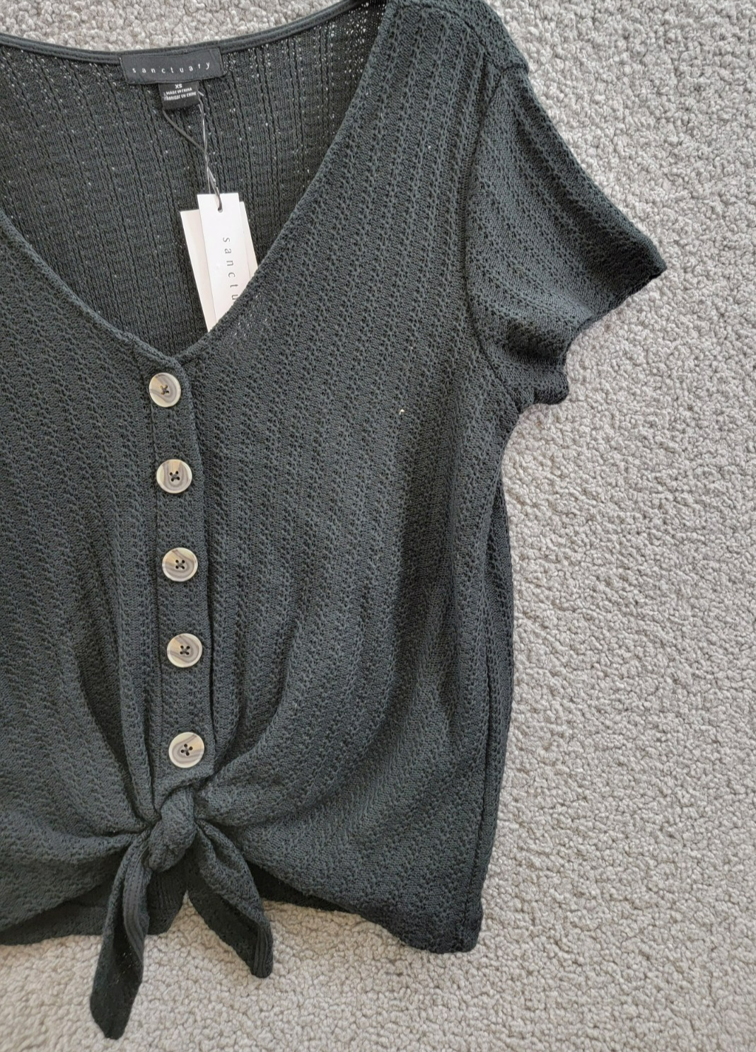 Sanctuary By My Side Tie-Front Pointelle Tee Women's XS Black Vneck Short Sleeve - Picture 6 of 17