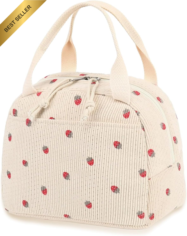 Corduroy Insulated Lunch Tote Bag Beige Strawberry Reusable Cooler for Work