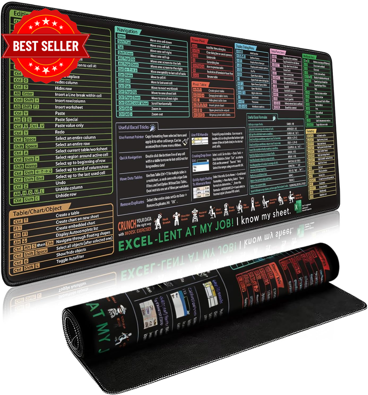 Excel Cheat Sheet Mouse Pads - Large Non-Slip Gaming Mouse Mat, Extended Desktop