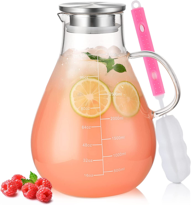 Glass Pitcher with Lid 1 Gallon Pitcher, 105.6Oz Glass Water Pitcher with Precis