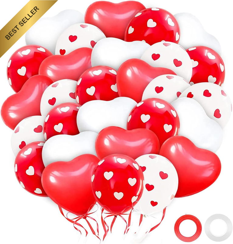 Valentines Day Balloons 40Pcs Red White Heart Latex Balloons with 2 Ribbons for