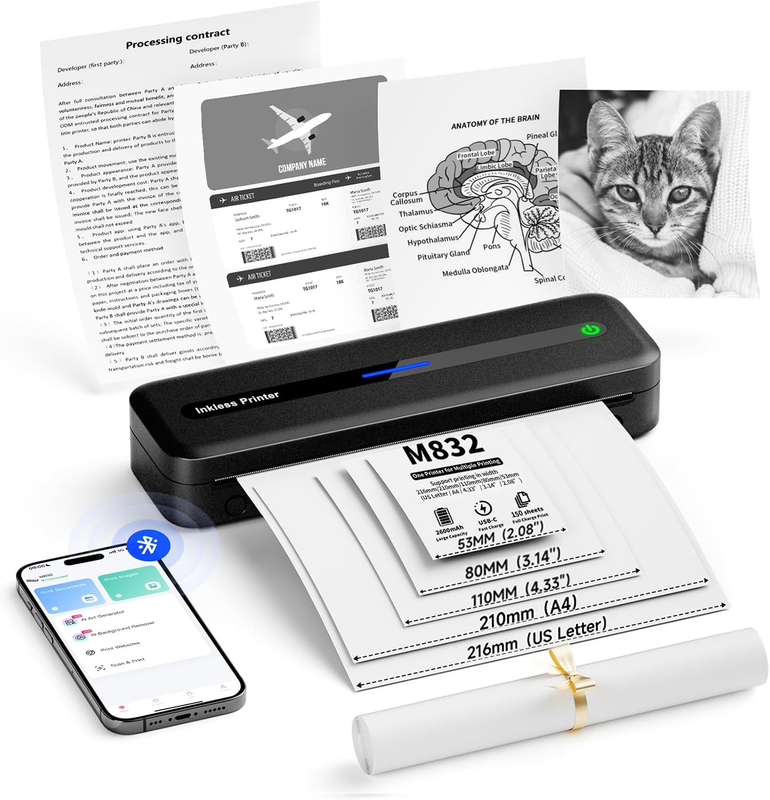 Thermal Portable Printer A4, Wireless, Bluetooth, 300 Dpi, Small Inkless Mobile Printer for Home Use, Compatible with Ios, Android, Windows, & Mac, with Thermal, Black