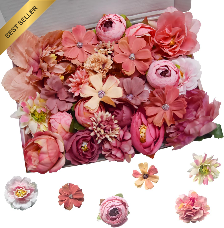 33 Pcs Pink Artificial Flowers Heads Combo Silk Faux Flowers Bulk for Craft Garl