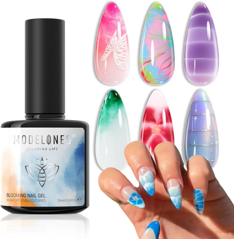 Blooming Gel Nail Polish, 15ml Clear Marble Nail Design Kit UV LED Soak Off Nail