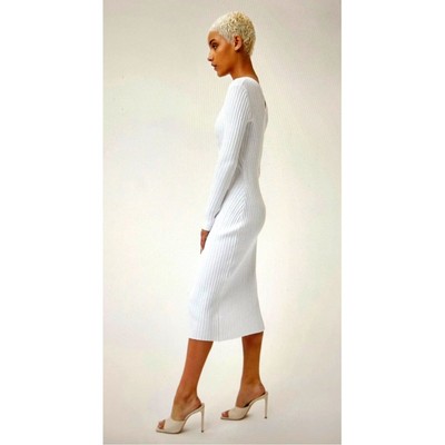 Pre-owned Lita By Ciara Icon Rib V Neck Cardigan Button Front Midi Dress - White - Size M