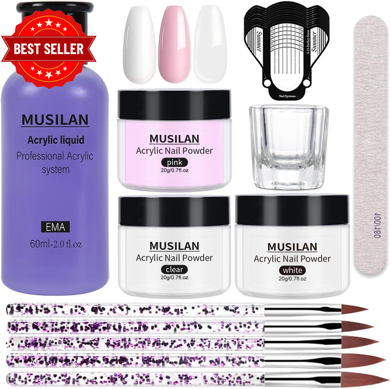 MUSILAN Acrylic Nail Kit Powder Liquid Monomer Brushes Pink White Clear