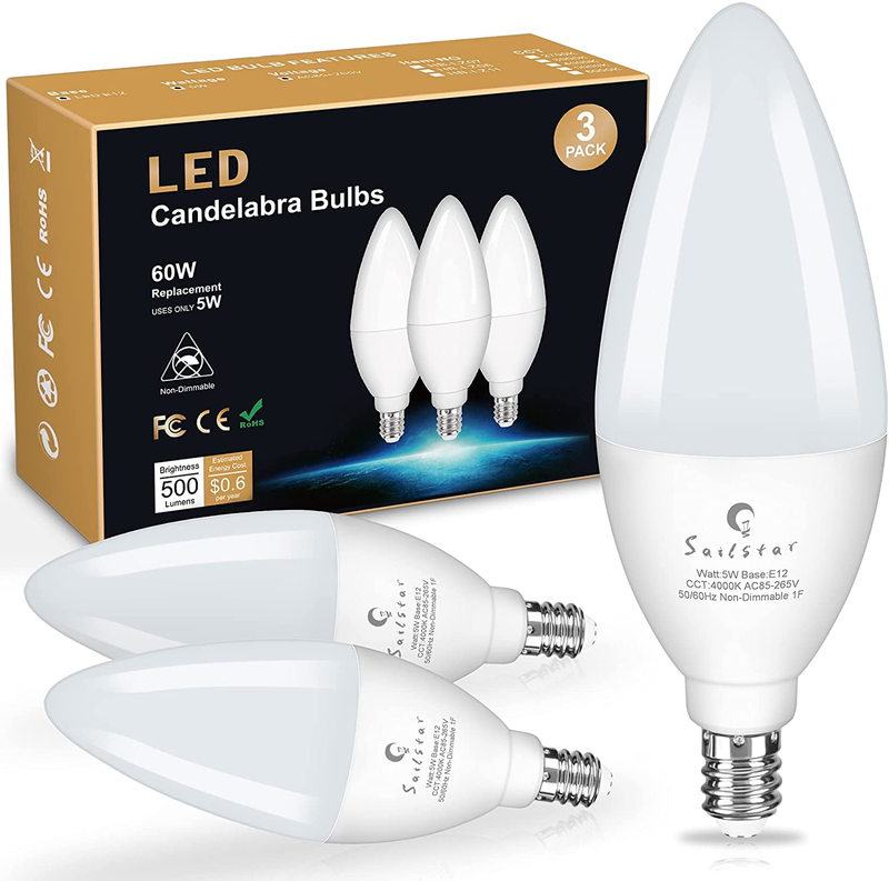 60w Equivalent, 5w E12 Small Base Type B Led Bulbs,3-pack