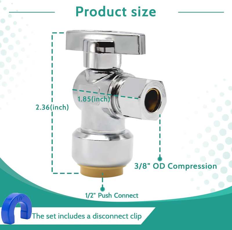 Angle Stop Valve 5 Pack,1/2" Ptc X 3/8" Compression Water Shut Off Valve,1/2 Inc