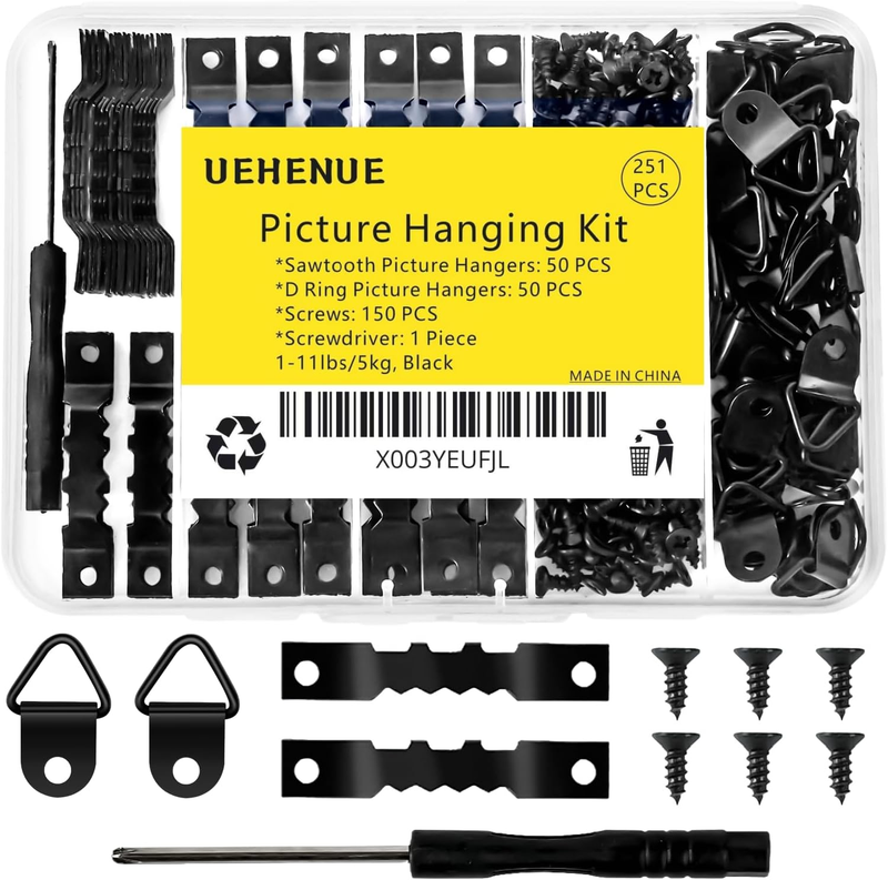 251Pcs Picture Hanging Kit, Include 50 Sawtooth Picture Hangers, 50 D Rings, 150