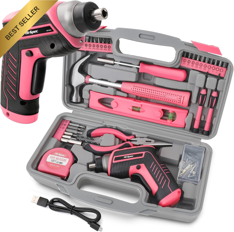 35Pcs Pink Household DIY Tool Kit with 3.6V Electric Screwdriver Set for Women