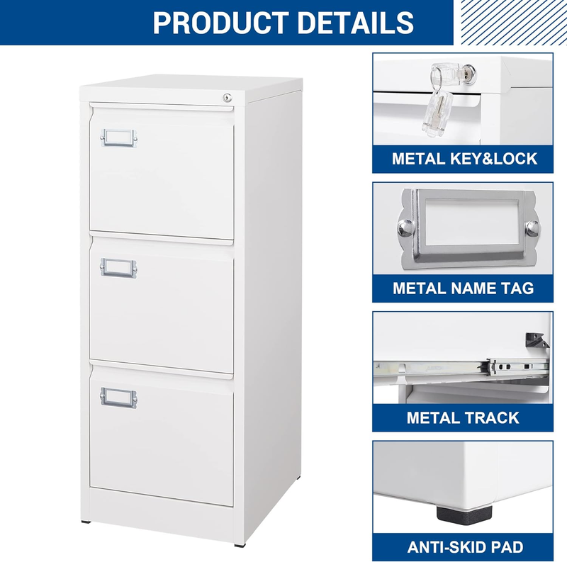 3 Drawers Vertical File Cabinets - 17.8" Deep Lockable Filing Cabinet - White Me
