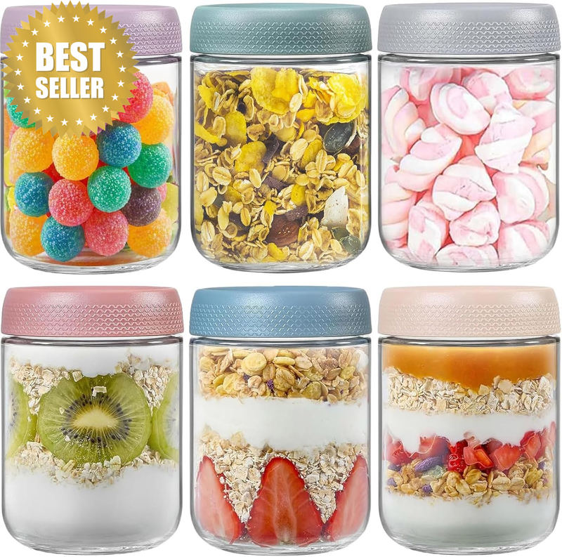 6 Pack 500 ML/18 Oz Overnight Oats Container Jar with Lid - Glass Food Storage C