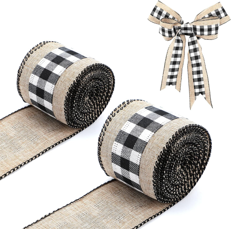 2 Rolls 6 Yard Plaid Ribbon Burlap Fabric for Crafts, Plaid Burlap Wired Ribbons