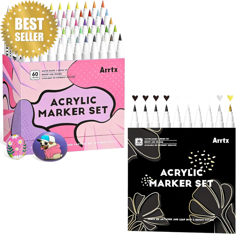 Complete Acrylic Paint Marker Set: 60 Colors Brush Tip + 10 Pack Metallic (4 Whi