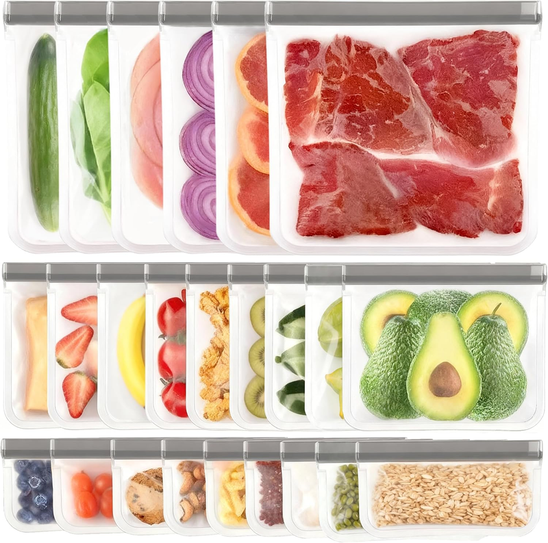24 Pack Dishwasher Safe Reusable Bags Silicone, BPA Free Reusable Food Storage B
