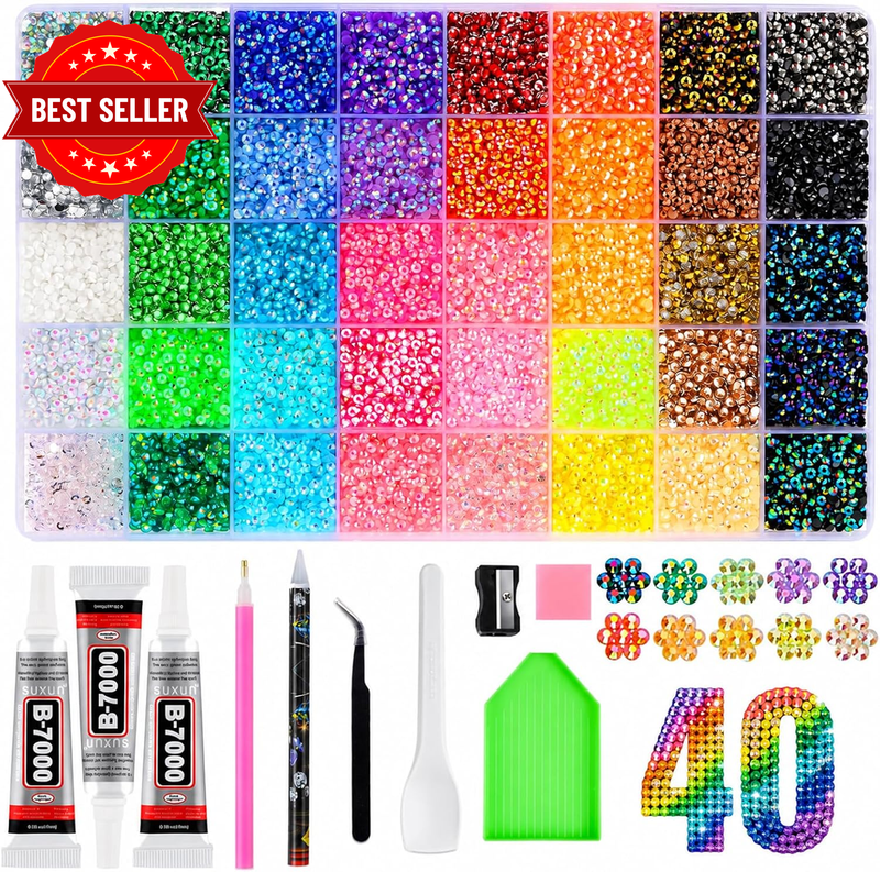 32000Pcs Resin Jelly Rhinestones Kit, 40 Colours 3Mm Flatback Gems with 3X10Ml G