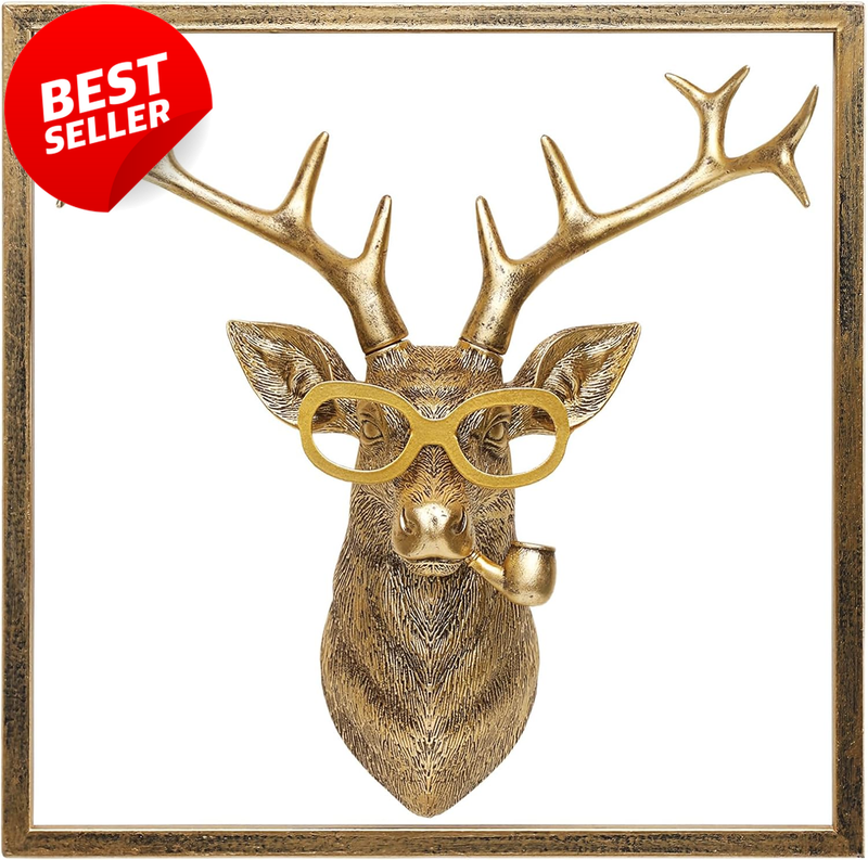 Gold Deer Head Wall Decor Resin Sculpture Metal Frame Vintage Style - US
