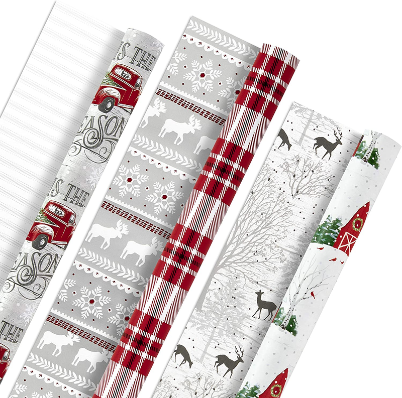 Holiday Reversible Wrapping Paper Bundle, Rustic Christmas Pk of 3, 120 Sq. Ft.