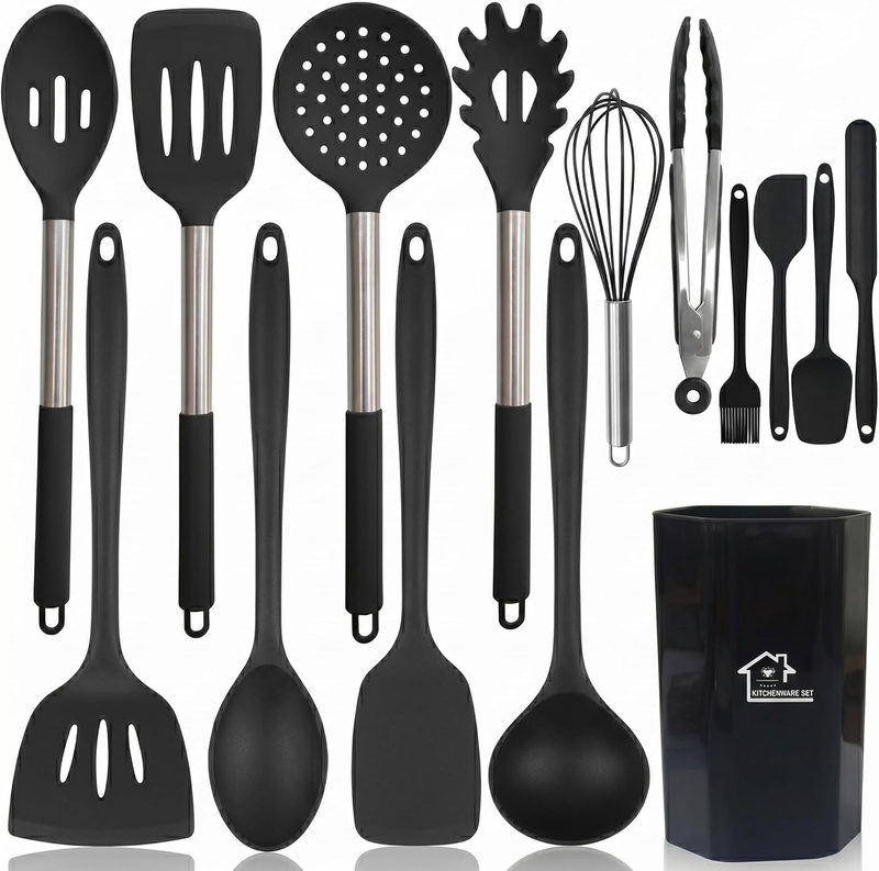 15-Piece Silicone Kitchen Utensils Set with Holder, 446°F Heat Resistant Cooking