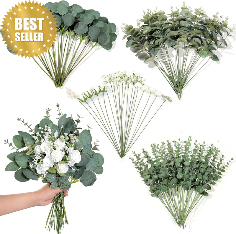 110 Pcs Artificial Eucalyptus Stems & Faux Flowers, 8 Varieties Mixed Real Touch
