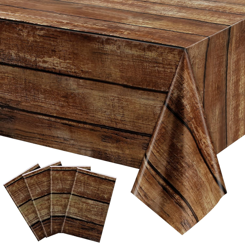 4 Pcs Brown Wood Grain Tablecloths Rustic Plastic Table Covers for Rectangle Tab
