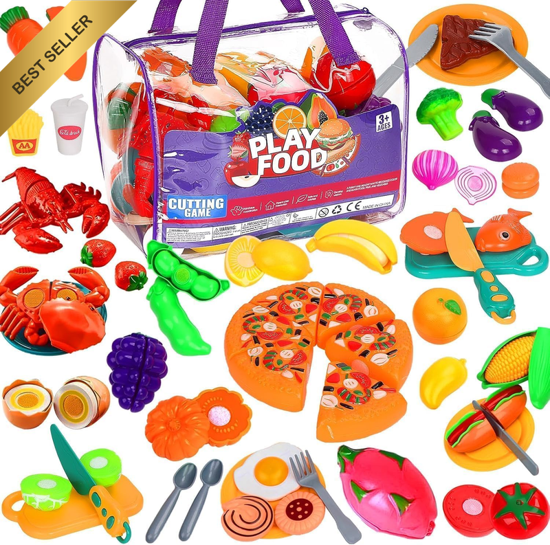 Cutting Play Food Toy Set, 81 Pieces, Pretend Kitchen Accessories with Storage B
