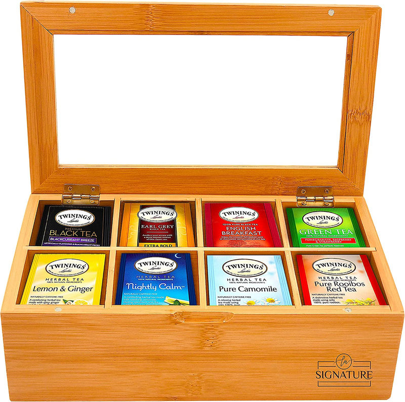 Box Storage Organizer- 8 Compartments Tea Bag Holder With Cle