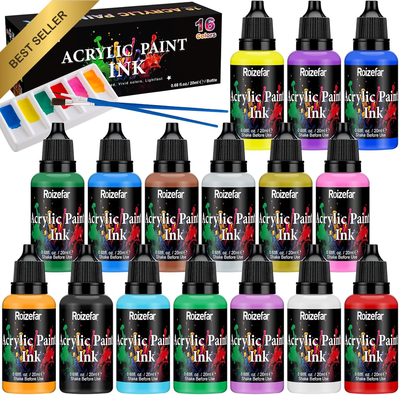 16 Color Acrylic Paint Ink 20ml (0.68oz) Drawing Ink Set with 2 Brushes & Palett