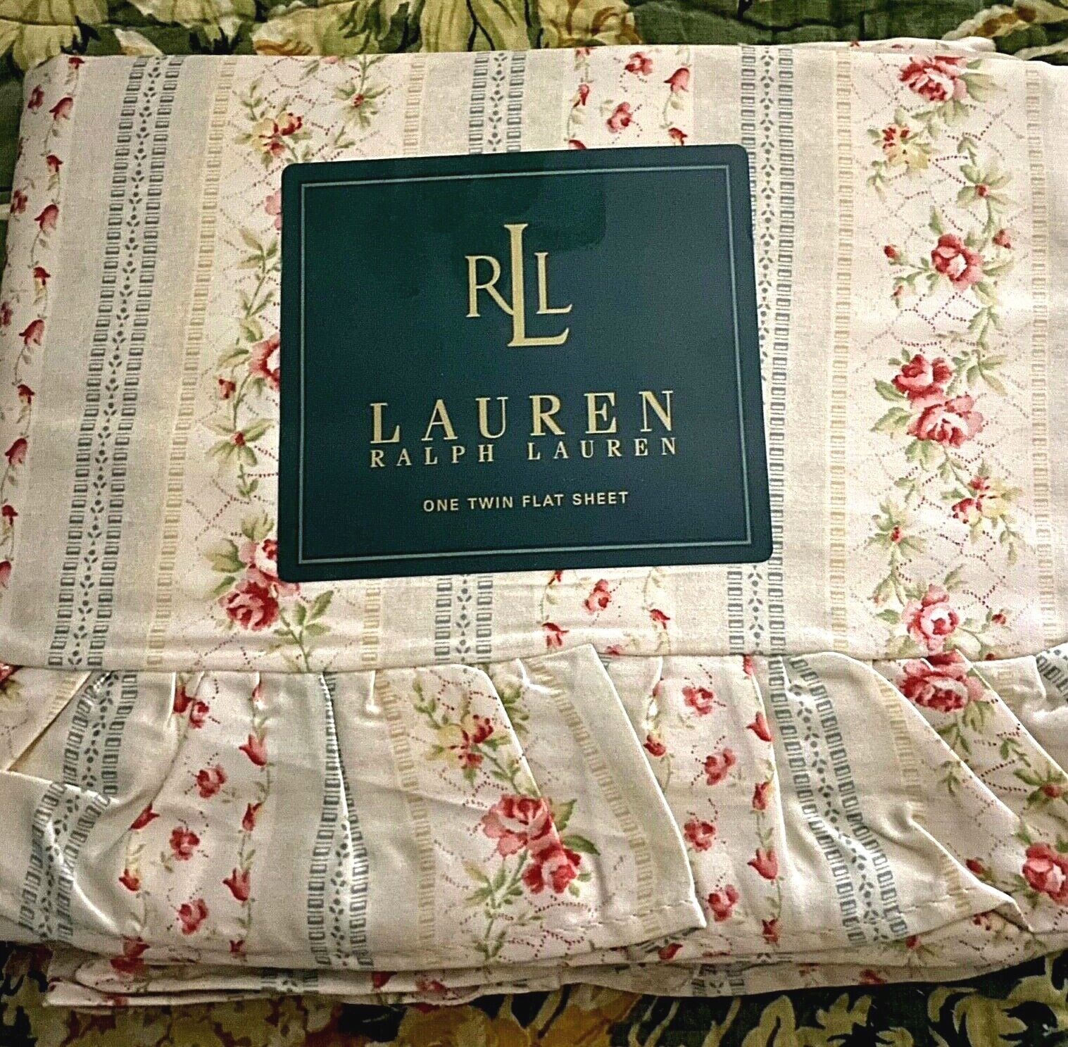 VINTAGE Ralph Lauren HIGHFIELDS Twin RUFFLE Flat Sheet100 VINTAGE Ralph Lauren HIGHFIELDS Twin RUFFLE Flat Sheet100