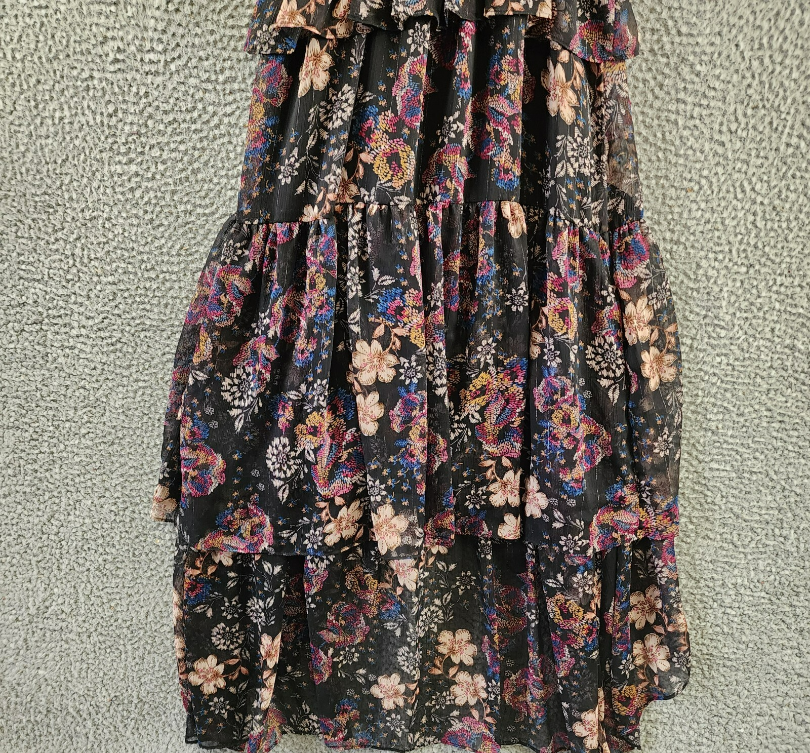 kensie V-Neck Ruffled Chiffon Midi Dress Women's 6 Black Multi Back Zip Closure - Picture 13 of 14