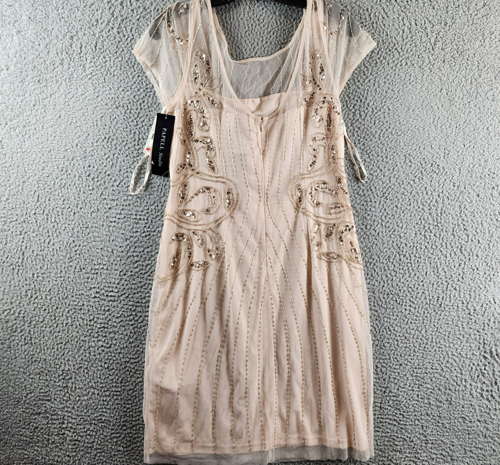 Papell Studio Beaded Cocktail Dress Women's 10 Beige Boat Neck Back Zip Closure - Picture 15 of 17