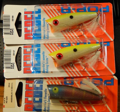 3) REBEL P60 POP R TOPWATER LURE BONE/CHARTREUSE & RAINBOW COLOR NIP LQQK