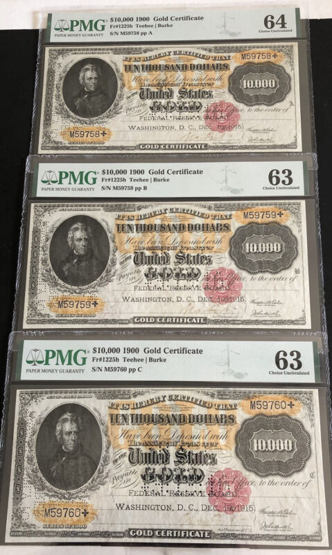 (3) Consecutive 1900 $10,000 GOLD CERTIFICATES-PMG64 & PMG63 holders. Nice set.