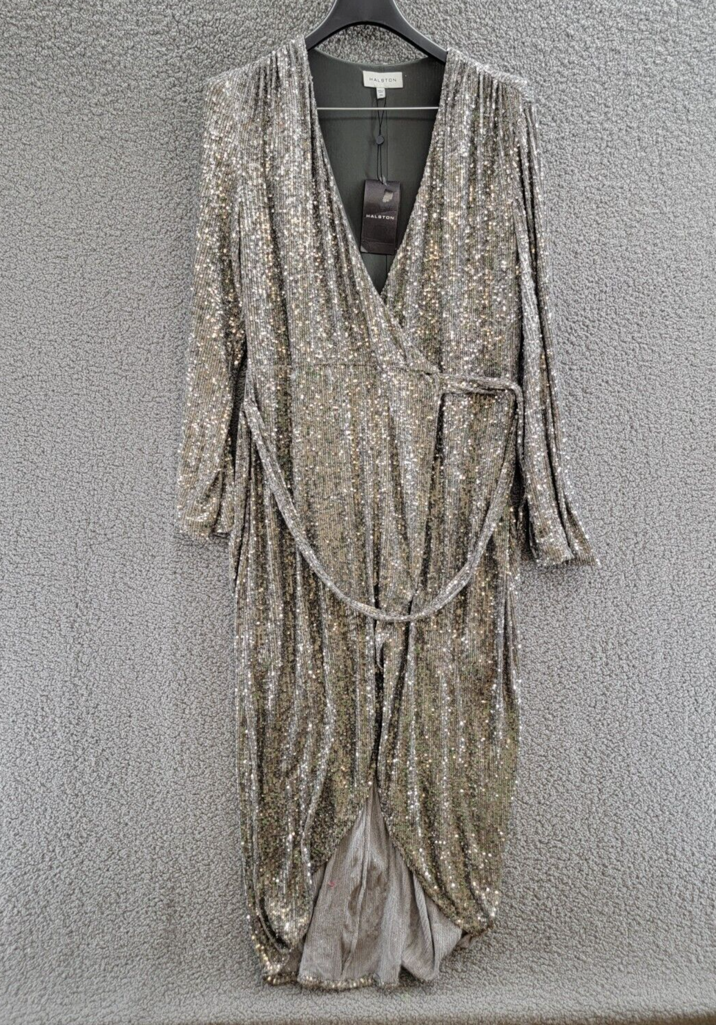 Pre-owned Halston Heritage Halston Falan Sequined Wrap Dress Women's 10 Dark Silver Long Sleeve Lined