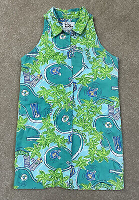 Lilly Pulitzer Girls Shirt Dress Blue Green Pool Palm Tie Casual Beachy VTG 6X