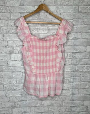 Old Navy Tank Top Size 2X Pink White Gingham Babydoll Smocked Ruffle Trim NEW