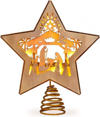 Nativity Christmas Tree Star Topper Lighted, 3D Wooden Nativity Scene Star for C