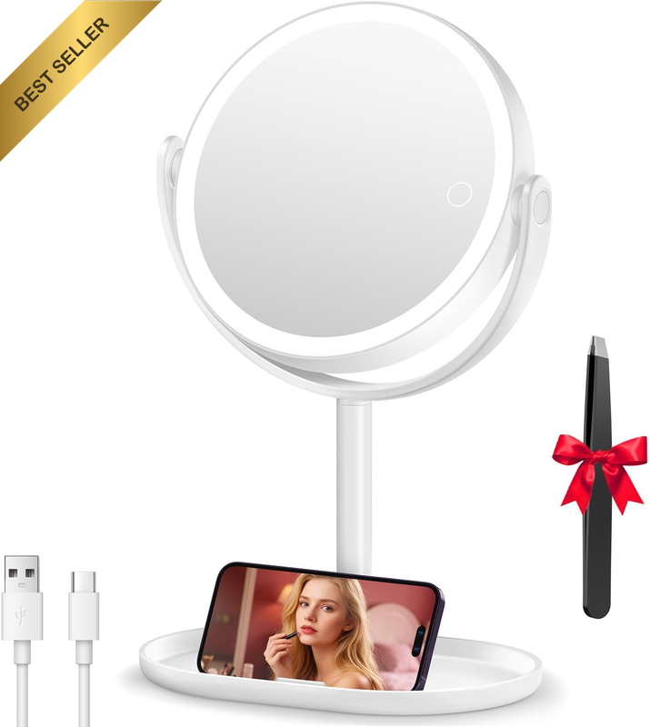 30X/1X Magnifying Mirror with Light, Double-Sided Makeup Mirror with Storage Bas