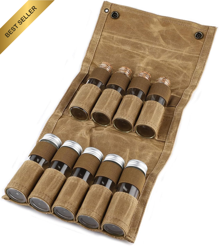 9 Spice Jars with Canvas Bag Portable Seasoning Organizer Camping Khaki