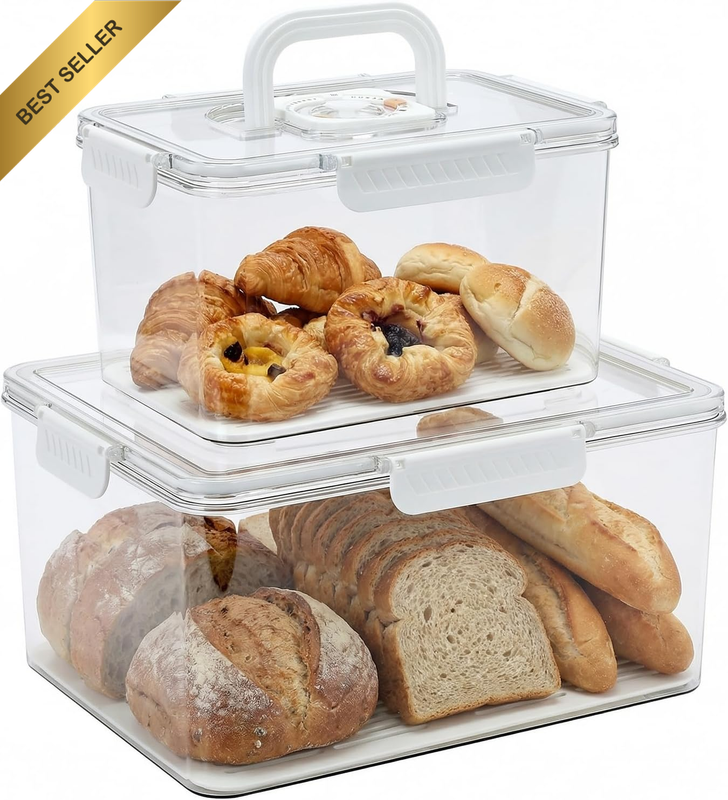 2 Pack Bread Box Set for Kitchen Counter, Airtight Storage Container with Date D