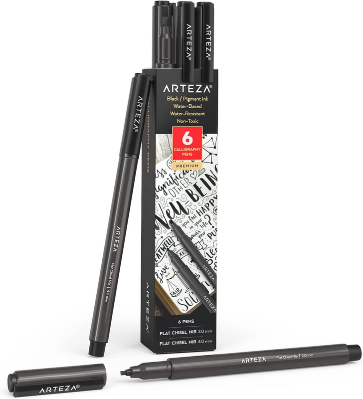 ARTEZA Calligraphy Markers, Set of 6, Water-Resistant Black Ink, Flat Chisel-Tip