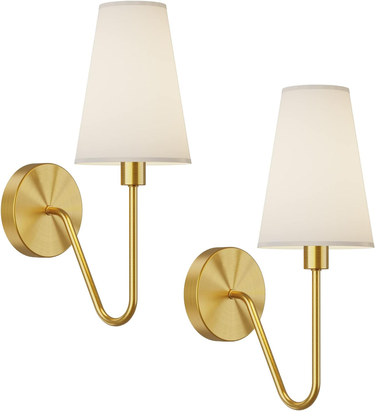 ;Single Head Classic 1 Light Wall Sconce Lighting Fixture Gold with Cream White Linen Fabric Lamp Shades E12 40W Hardwired (Set of 2);