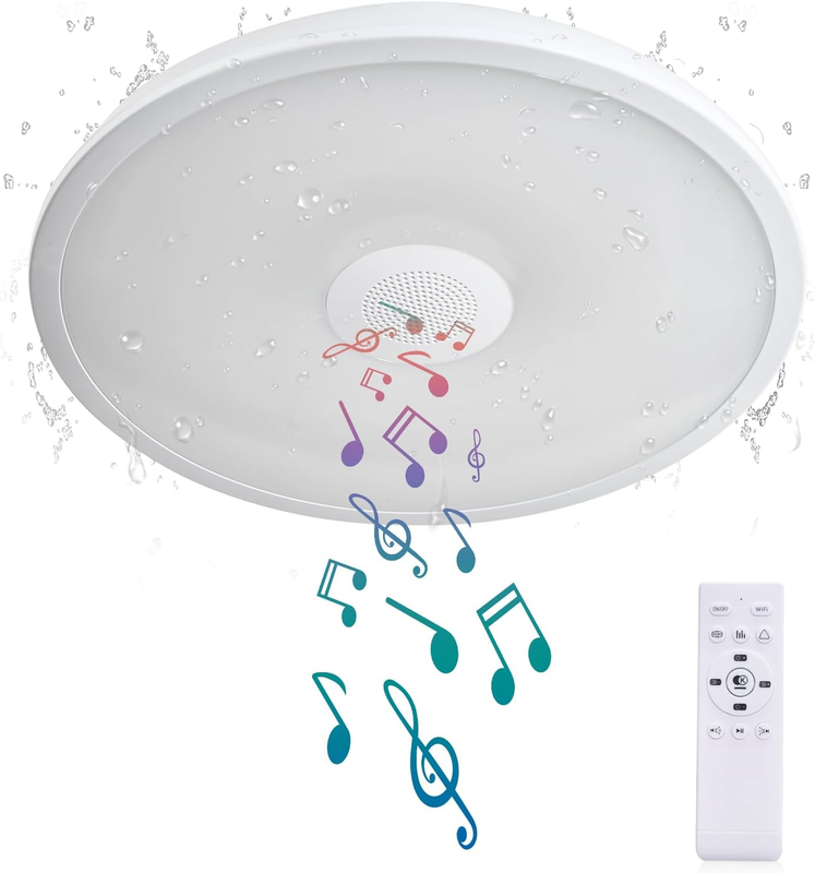 Smart Waterproof LED Ceiling Light Fixture,With Bluetooth Speaker,11 Inch,18 Watt, 2700K-6500K Dimmable Music Lamp,Rgb Color Changing Light with Remote Control,For Bathroom,Shower,Bedroom