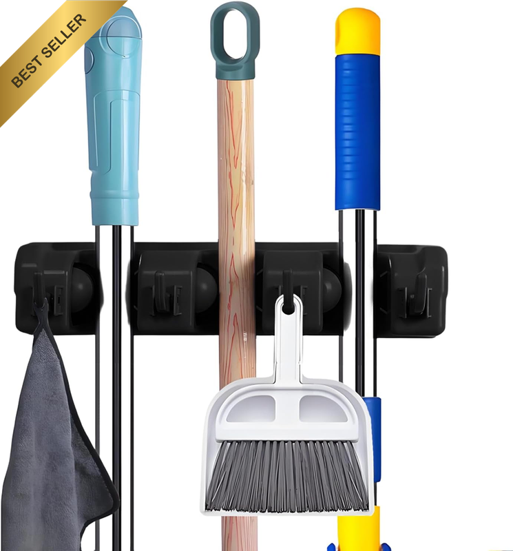 3 Racks and 4 Hooks Mop and Broom Holder Wall Mount, Broom Hanger Storage Tool O