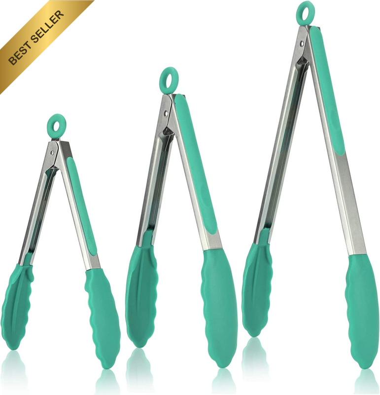 315℃ Heat Resistant Kitchen Tongs Set of 3 18/8 Stainless Steel Silicone Tips BB
