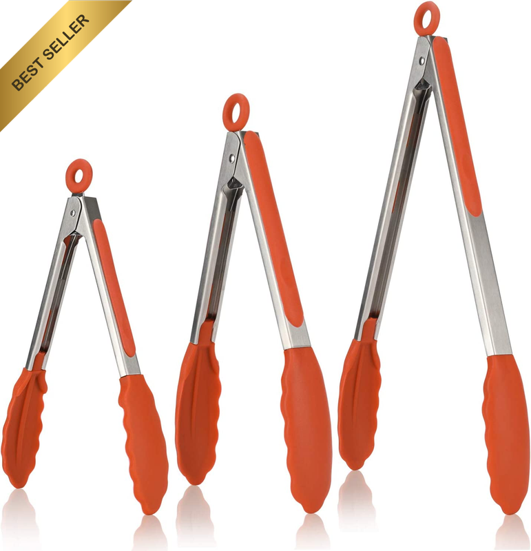 315℃ Heat Resistant Kitchen Tongs:  18/8 Stainless Steel Cooking Tongs Set of 3,